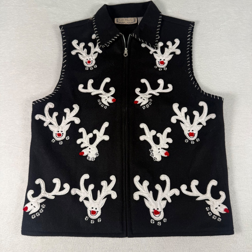 Life Style Reindeer Vest S Black Wool Blend Festive Christmas Vest Holiday